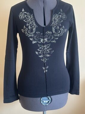 Ricki’s Black Long-Sleeve Women's Top with Embellished Floral Design/ 100%Cotton